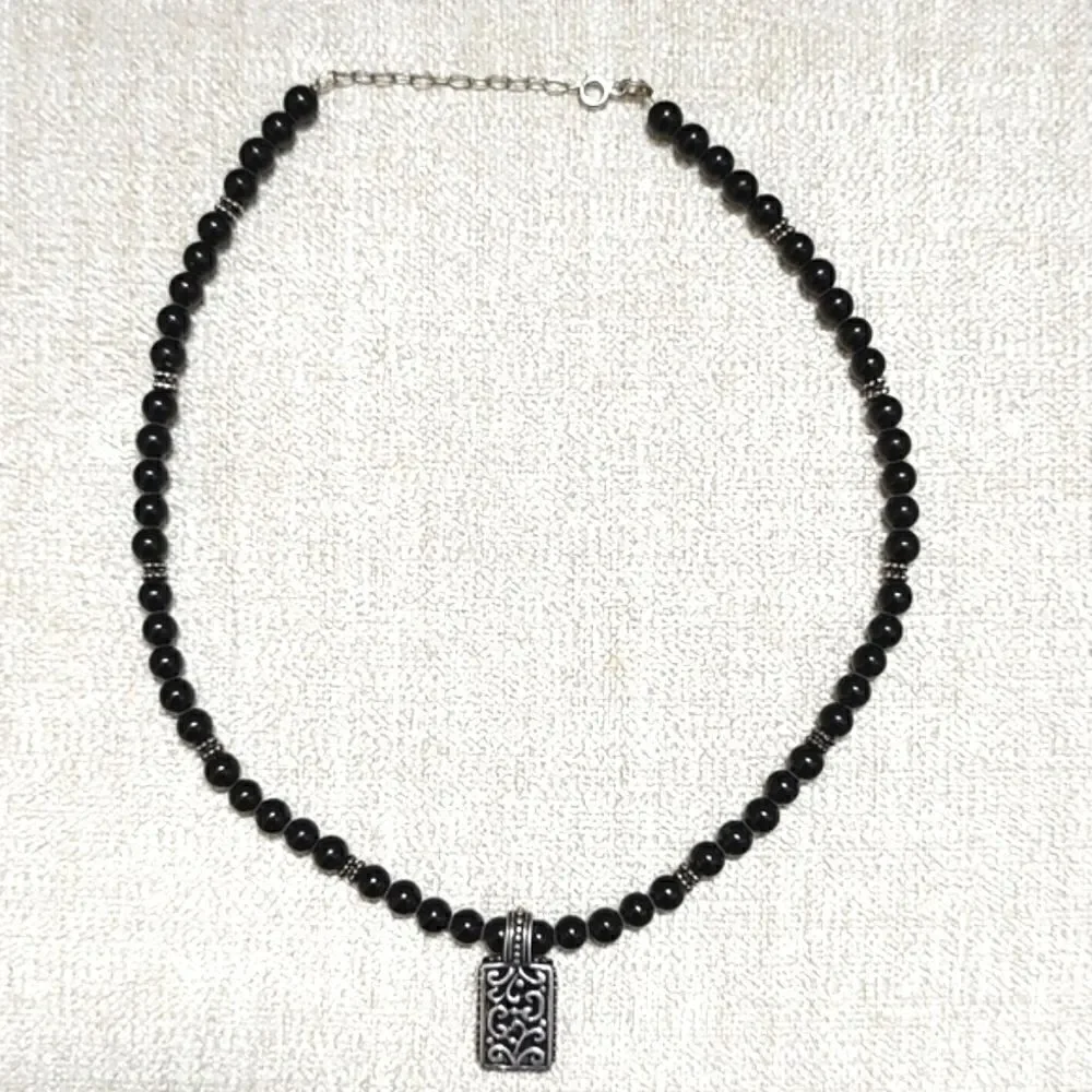 Black Bead and Silver Scroll Pendant Necklace 16